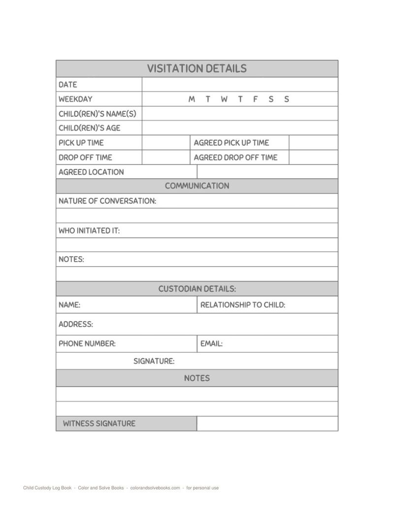 Page sample 1 from Child Custody Log Book