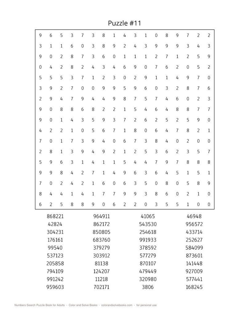 Page sample 1 from Numbers Search Puzzle Book for Adults