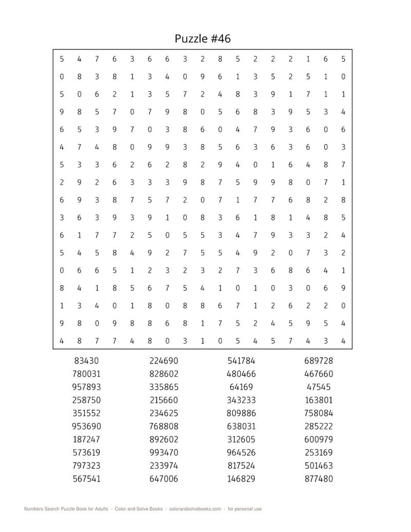 Page sample 2 from Numbers Search Puzzle Book for Adults