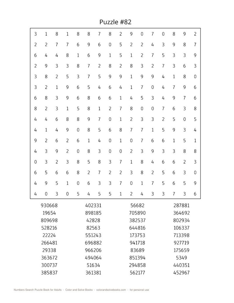 Page sample 3 from Numbers Search Puzzle Book for Adults