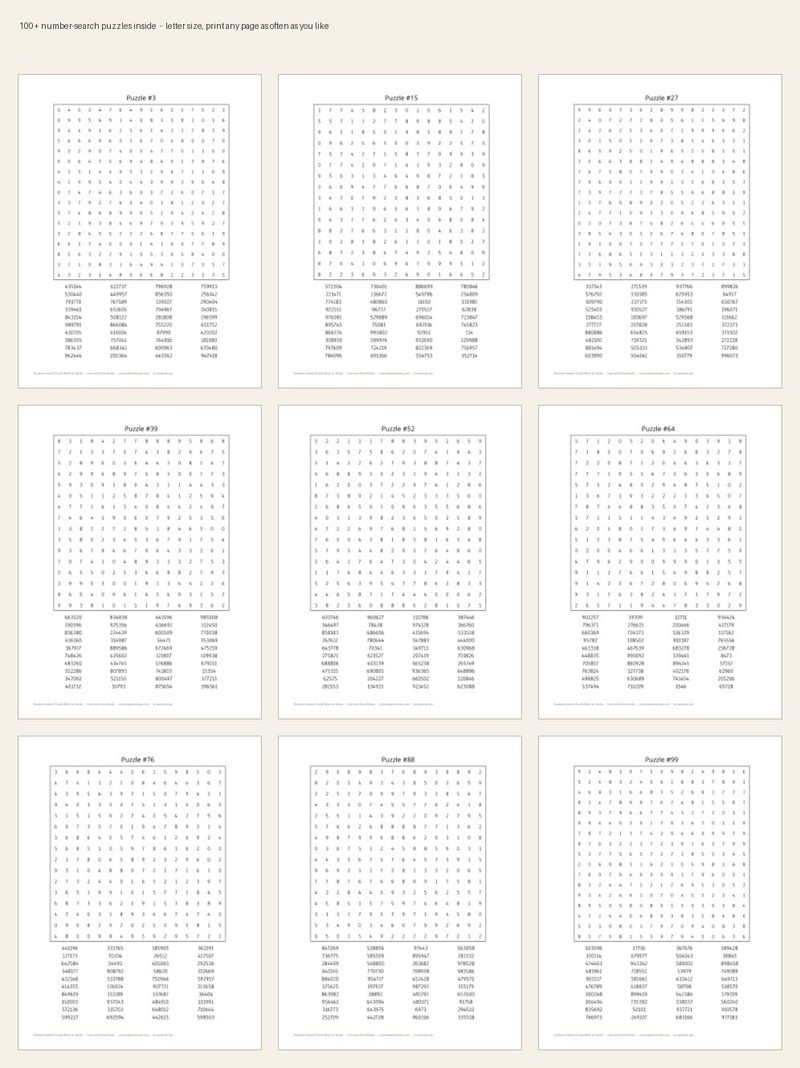 Page sample 4 from Numbers Search Puzzle Book for Adults